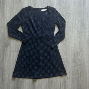 LOFT Navy Blue Polka-Dotted Long Sleeved Knit Faux Wrap Dress (6)